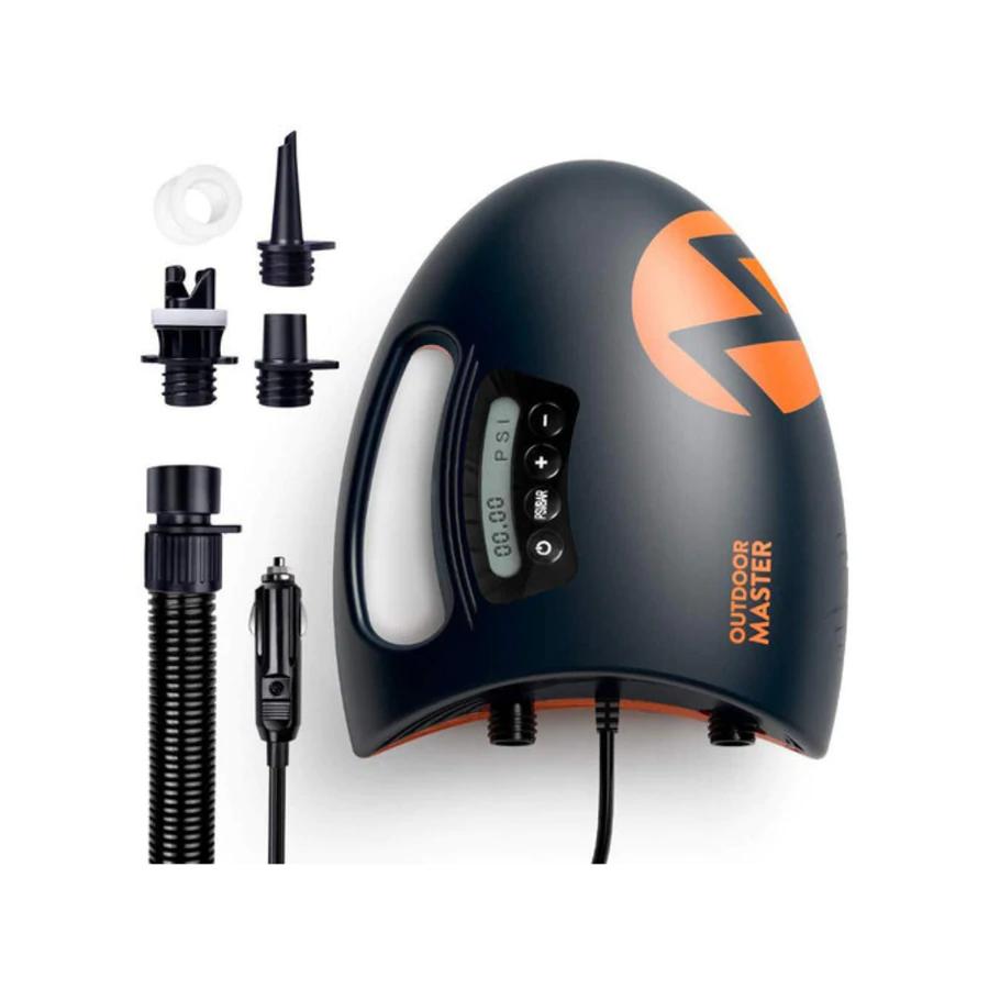 Portable electric air pump device with a digital display, labeled "Outdoor Master." Includes various nozzle attachments, a hose, and a car adapter plug.