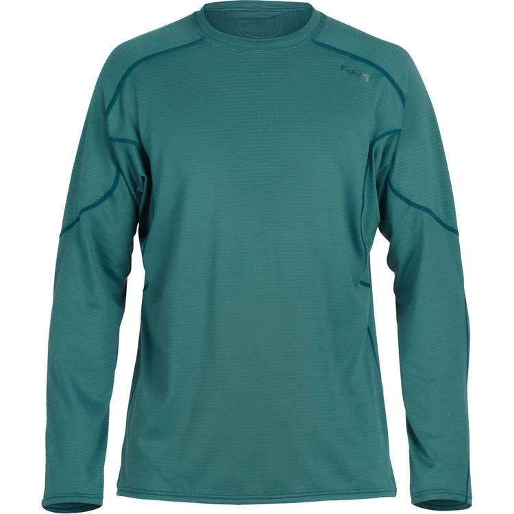 A teal long-sleeve shirt made of a lightweight, moisture-wicking fabric, featuring a crew neck and minimal seam detailing.