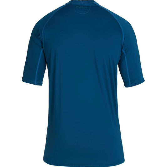 Back view of NRS Men's Short-Sleeve Rashguard with raglan sleeves and visible stitching. Made from moisture-wicking fabric for optimal comfort, ideal for active days.