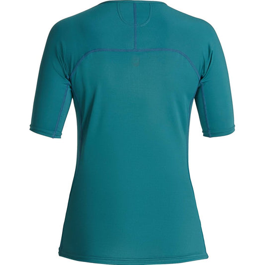 Back view of the NRS Women's Short Sleeve Rashguard in teal, featuring visible seam lines, excellent sun protection, and moisture-wicking properties.