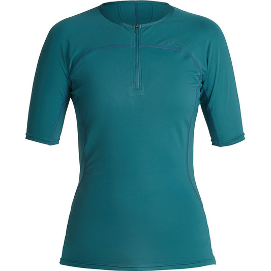 The NRS Women's Short Sleeve Rashguard is a teal athletic top with a half-zip front, crafted from moisture-wicking fabric for comfort and sun protection during workouts.