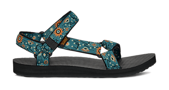 The DECKERS Women's Original Universal Sandal features teal and black geometric and orange sunburst patterns, adjustable recycled straps with the Universal Strapping System, an open toe, and a flat black sole.