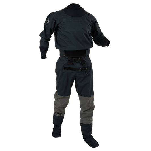 The Immersion Research Devils Club Drysuit, in dark gray and black with attached socks and abrasion-resistant fabric, is shown on a headless, armless mannequin against a white background.