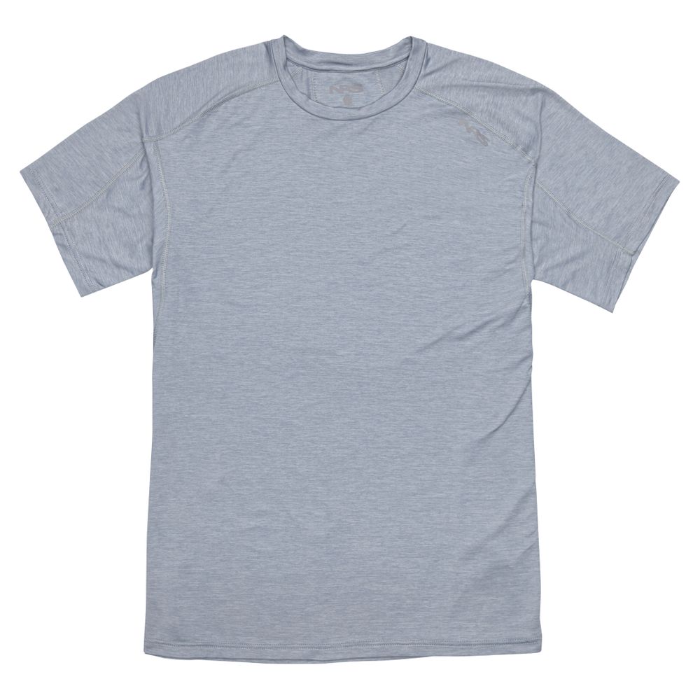 The NRS Silkweight Short-Sleeve Shirt - Men's is displayed on a white background, highlighting the front with subtle stitching. This gray shirt provides excellent moisture-wicking and sun protection for bright days.
