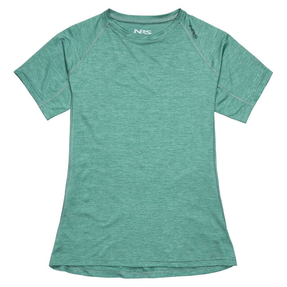 NRS Silkweight Short Sleeve Shirt for women features a round neckline, visible stitching, and excellent breathability.