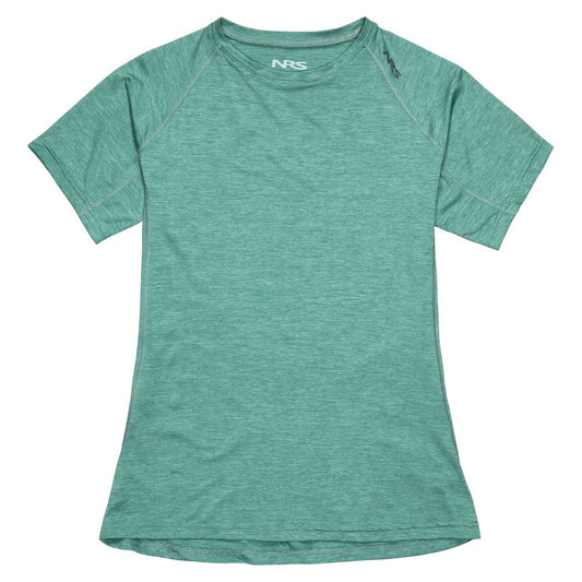 NRS Silkweight Short Sleeve Shirt for women features a round neckline, visible stitching, and excellent breathability.