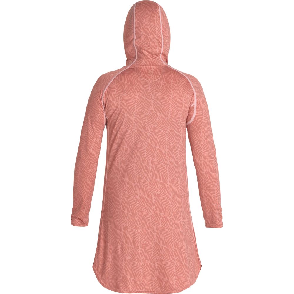 Check out the NRS Silkweight Hoodie Dress in pink, featuring long sleeves, a subtle leaf pattern on the back, and crafted from recycled materials.
