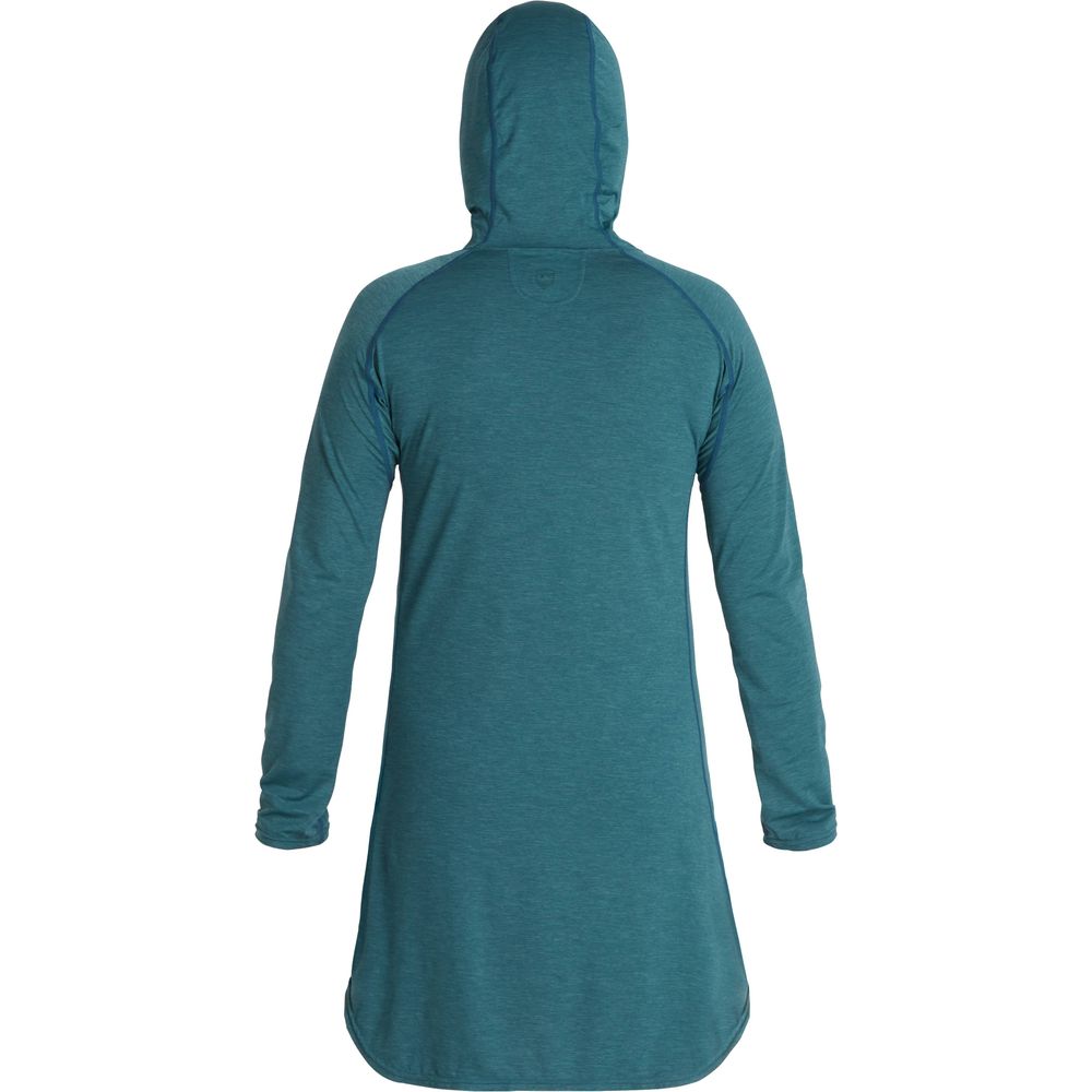 The NRS Silkweight Hoodie Dress, crafted from recycled materials, comes in a teal shade with long sleeves. Designed for outdoor adventures, it provides style and sun protection from the back view.