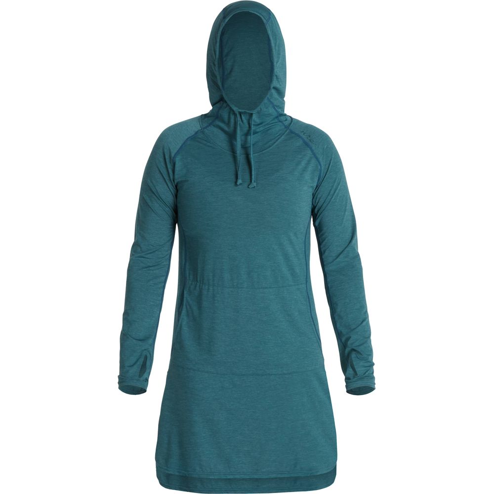 The NRS Silkweight Hoodie Dress is a teal, long-sleeve hooded sweatshirt dress made from recycled materials, providing sun protection, shown from the front.