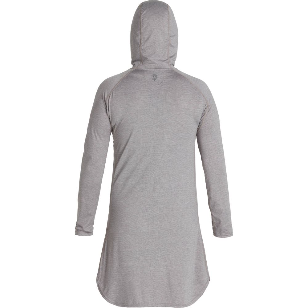 This gray NRS Silkweight Hoodie Dress, made from recycled materials, is shown from the back and has a slightly curved hemline.