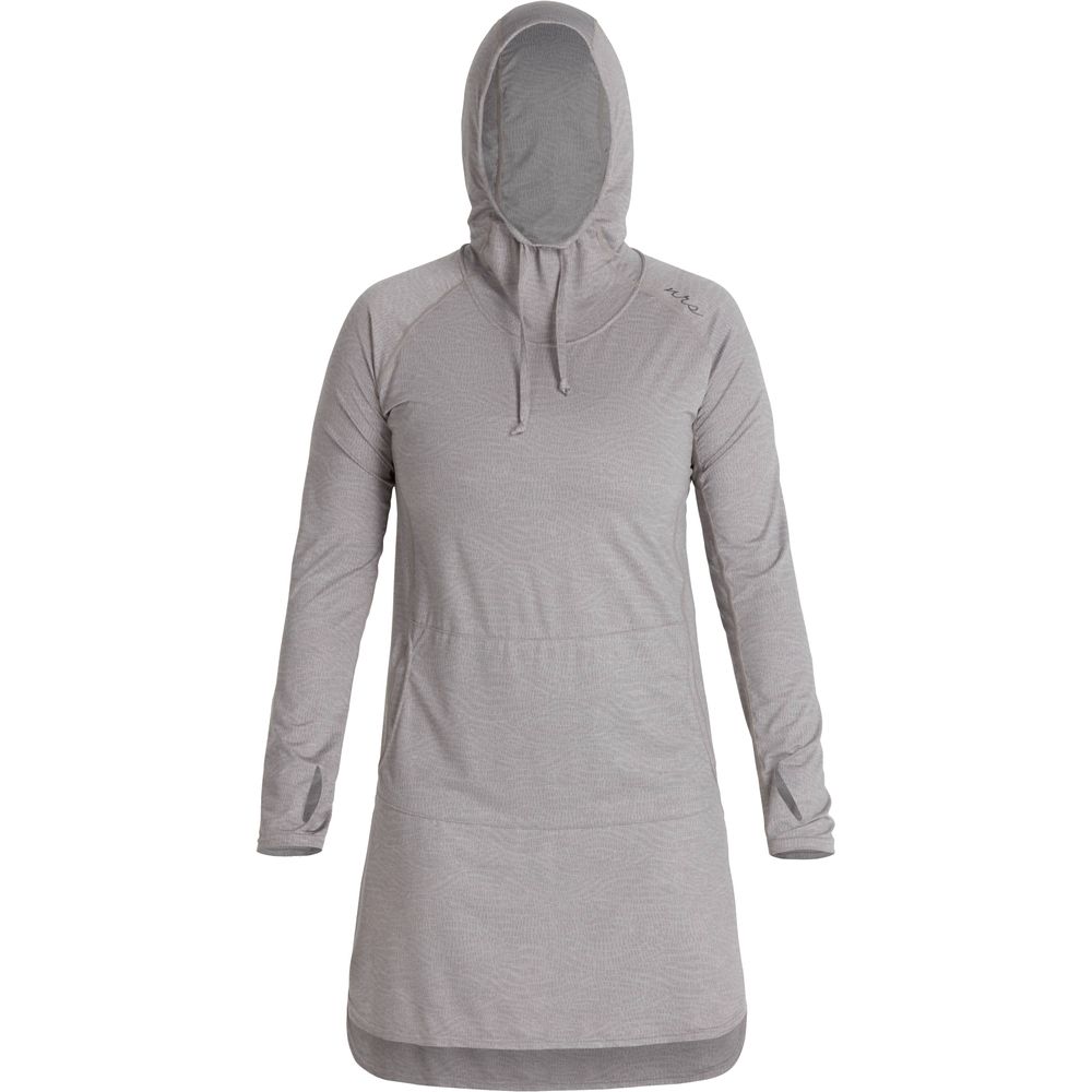 The NRS Silkweight Hoodie Dress is a sleek gray hoodie dress with long sleeves and thumb holes, made from recycled materials for sustainability.
