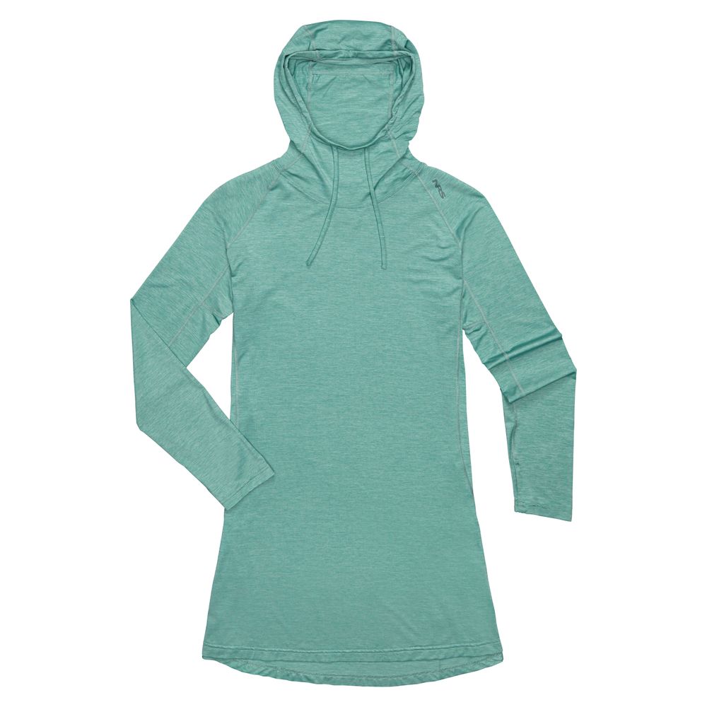 The NRS Silkweight Hoodie Dress is a long-sleeve, teal dress with drawstrings that provides simple sun protection in a casual laid-flat design.