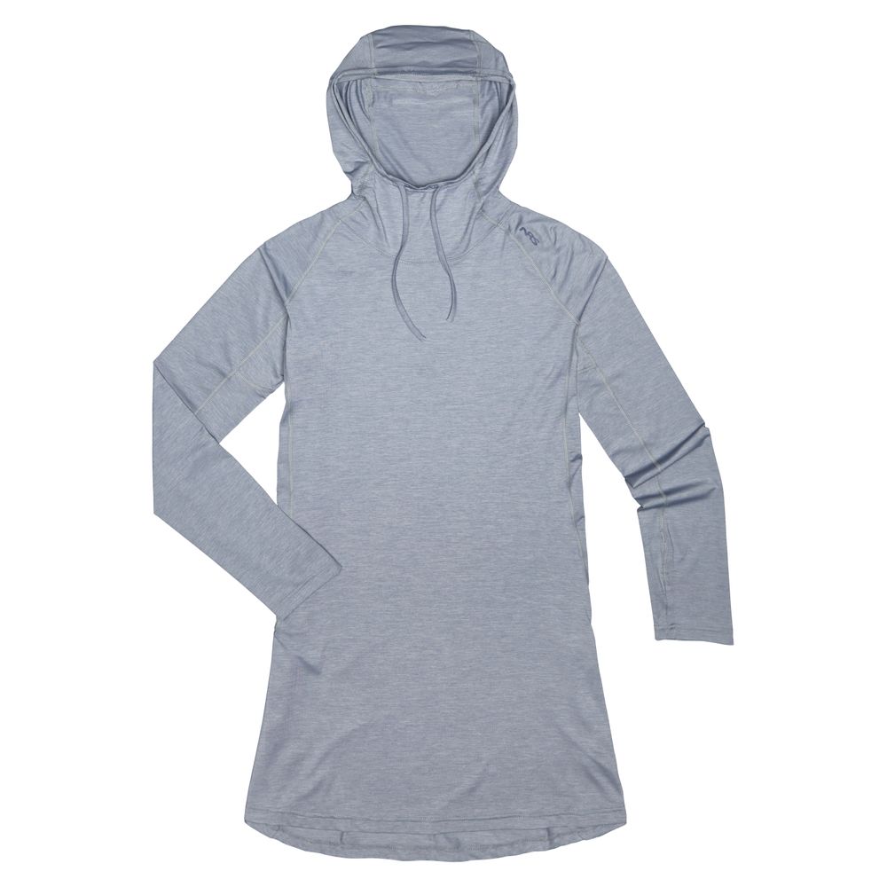 The long-sleeved, light gray Silkweight Hoodie Dress by NRS, featuring a drawstring and made from recycled material, is laid flat on a white background.