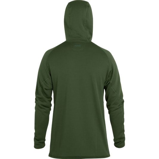 The NRS Lightweight Hoodie - Men's is a green hooded jacket with long sleeves and a simple design, shown from the back. It offers excellent sun protection, making it ideal for any outdoor adventure.