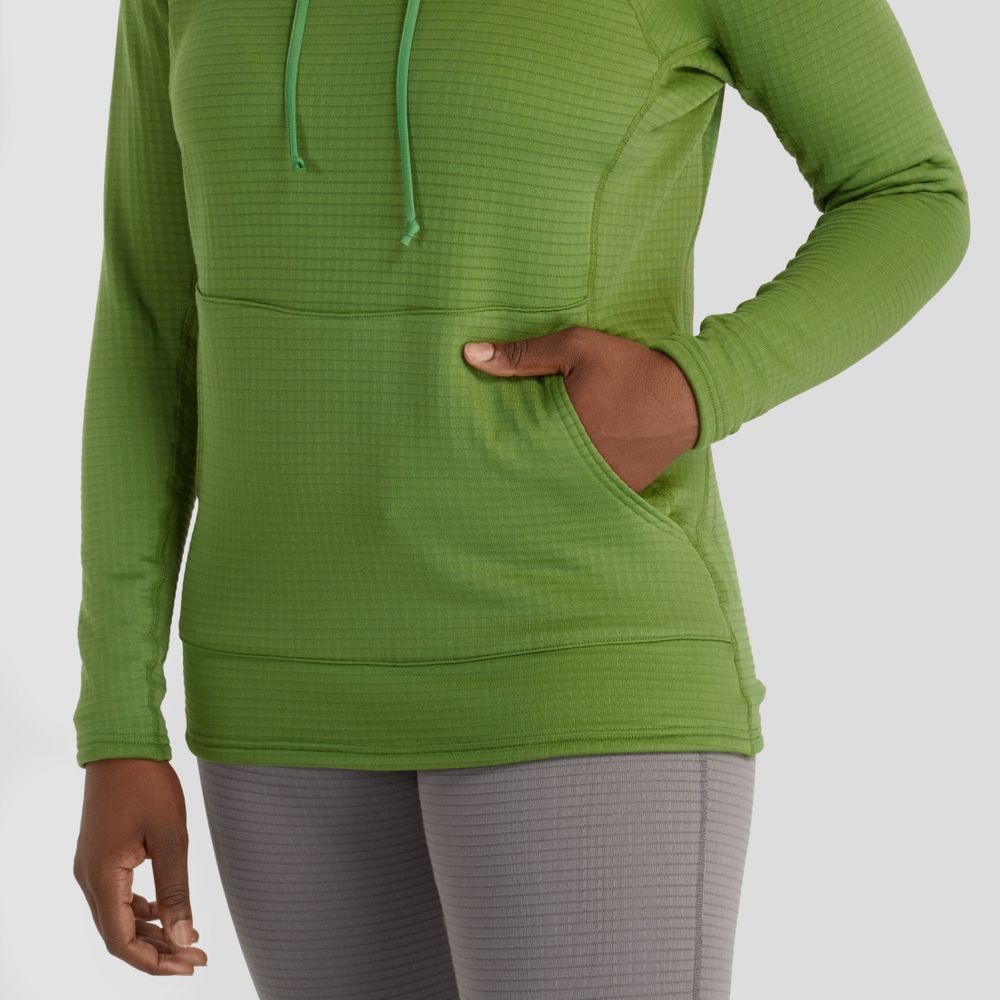 A person in a green NRS Lightweight Hoodie - Women's, featuring UPF 50+ sun protection and a front pocket, pairs it with gray leggings against a plain background, blending style with practicality effortlessly.