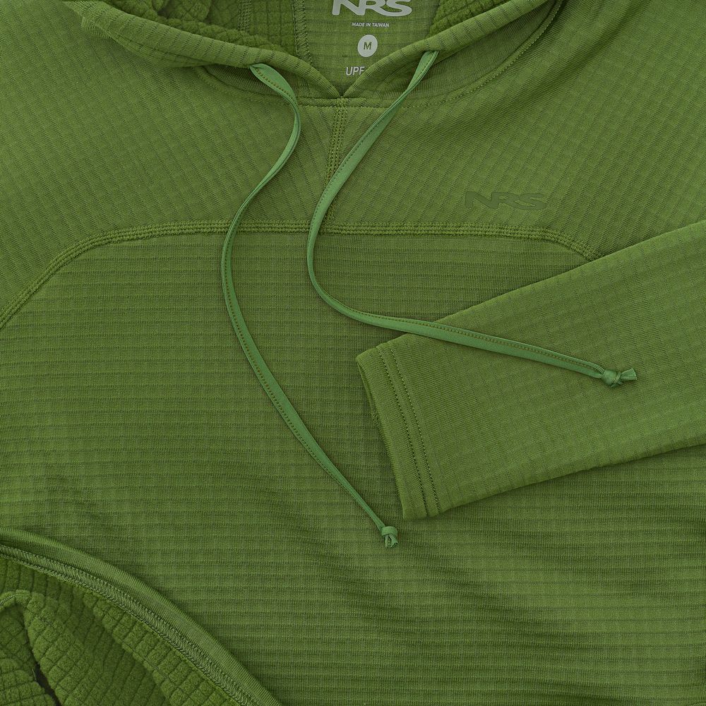 The NRS Lightweight Hoodie - Women's is a green, lightweight hoodie made from textured, moisture-wicking fabric. It features a drawstring and long sleeves, offers UPF 50+ sun protection for comfort and style, and is displayed flat.