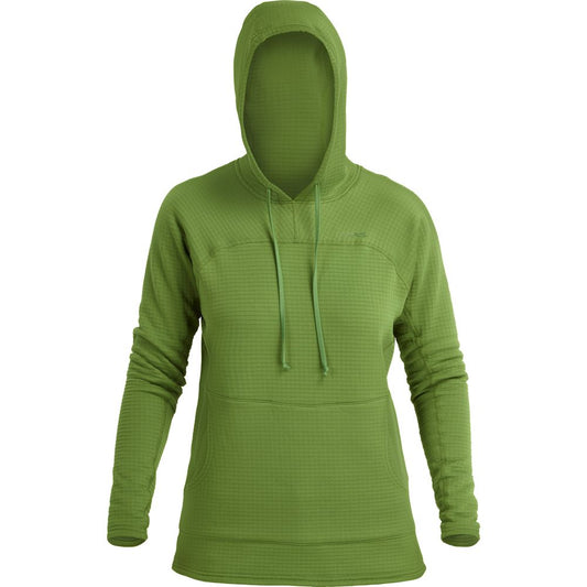 The NRS Lightweight Hoodie - Women's, displayed against a white background, is crafted from moisture-wicking fabric. It features long sleeves and a front pocket for comfort and style.