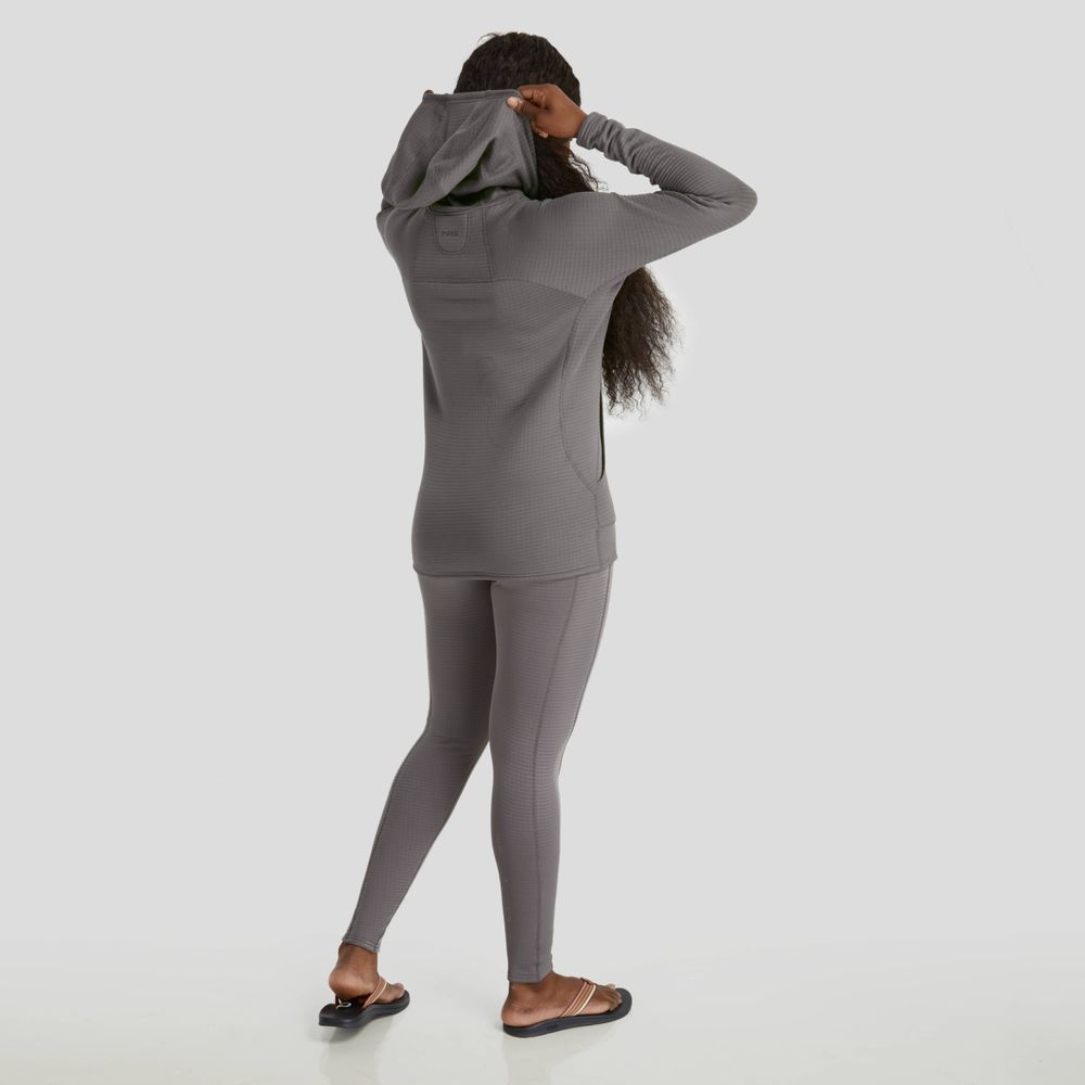 A person with long hair, wearing the NRS Lightweight Hoodie - Women's in gray and slippers, stands with their back to the camera on a plain background. The hoodie is made from moisture-wicking fabric for all-day comfort.