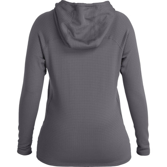 Back view of NRS Lightweight Hoodie - Women's in gray with a grid pattern. Made from moisture-wicking fabric, it's ideal for any activity and provides ultimate comfort. Offers UPF 50+ sun protection to keep you shielded outdoors.