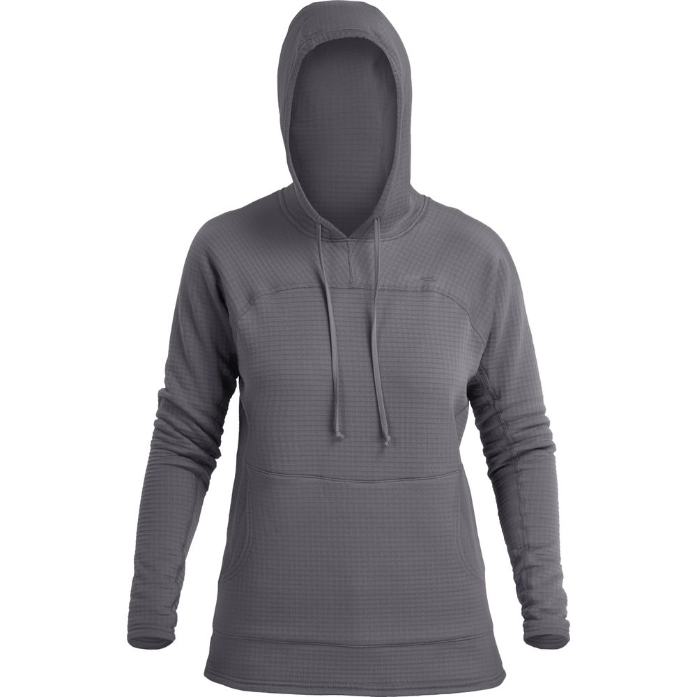 The NRS Lightweight Hoodie for Women features a textured pattern, long sleeves, an empty hood with drawstrings, and moisture-wicking fabric in a sleek gray design.