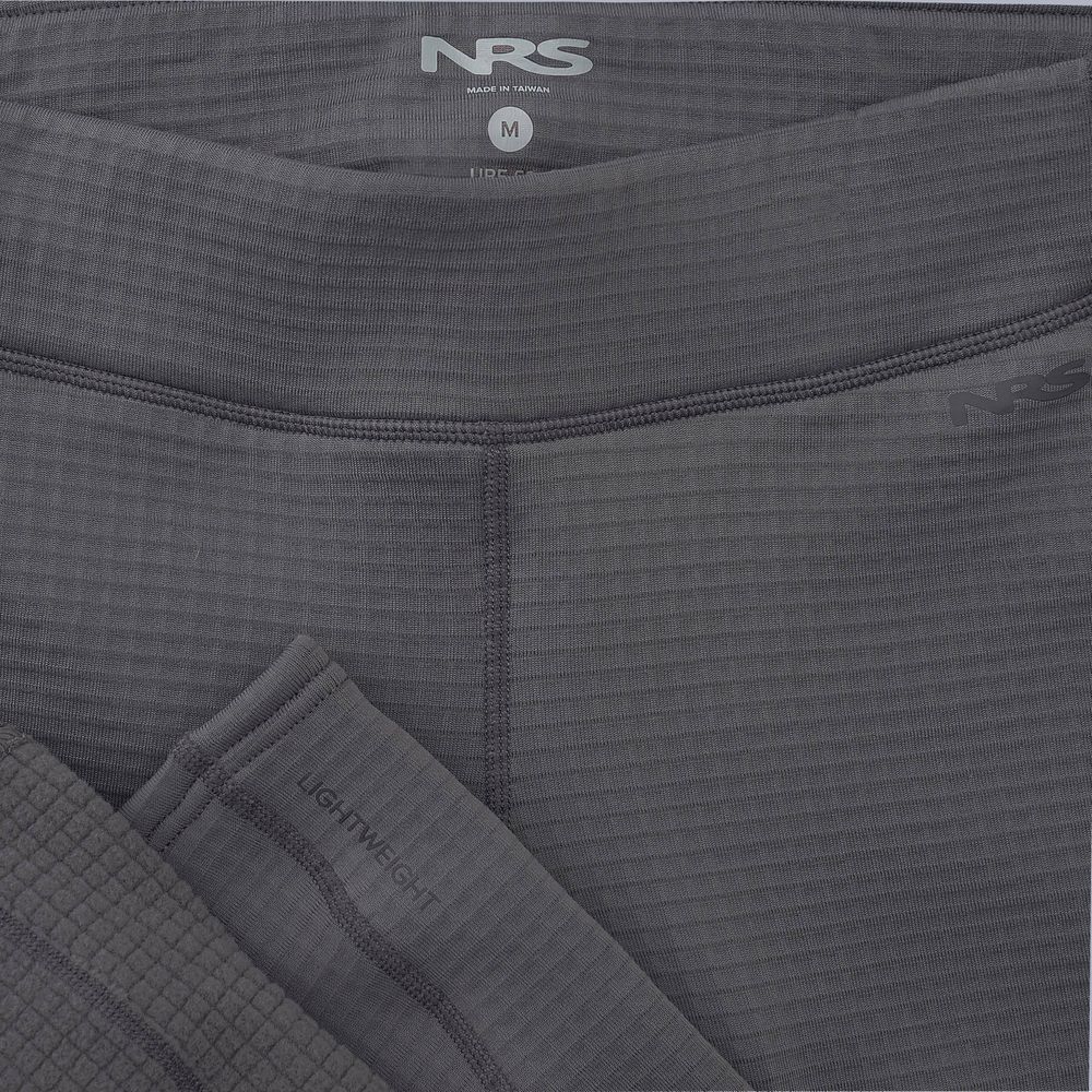 Close-up of dark gray NRS Lightweight Pants - Women's textile fabric, featuring visible stitching and texture. A size "M" label highlights its moisture-wicking properties, perfect for active wear.