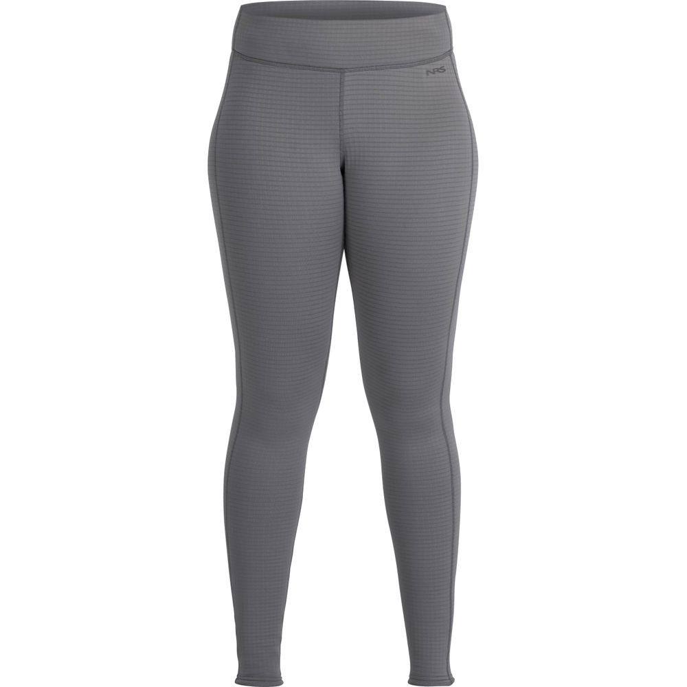 The NRS Lightweight Pants - Women's are gray, high-waisted leggings with a textured pattern and moisture-wicking technology for ultimate comfort, shown from the front.
