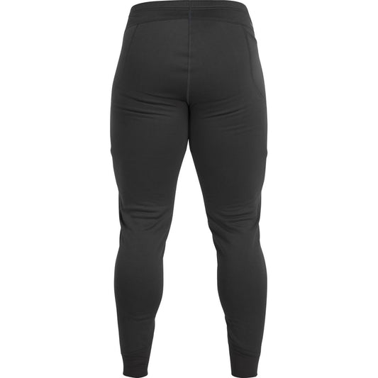 The back view of the black Expedition Weight Pants - Men's by NRS highlights their fitted style and tapered legs, featuring high-stretch fleece for enhanced flexibility. The design includes gasket-friendly cuffs, ensuring comfort on any adventure.