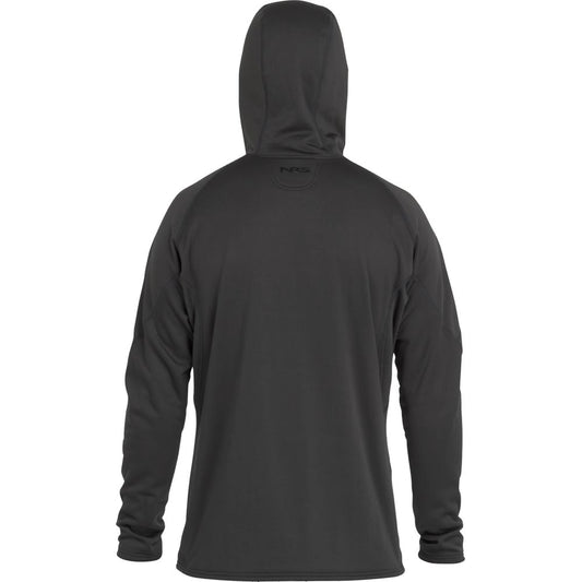 A person is wearing the NRS Expedition Hoodie - Men's in black, made of high-stretch fabric, with their back to the camera.