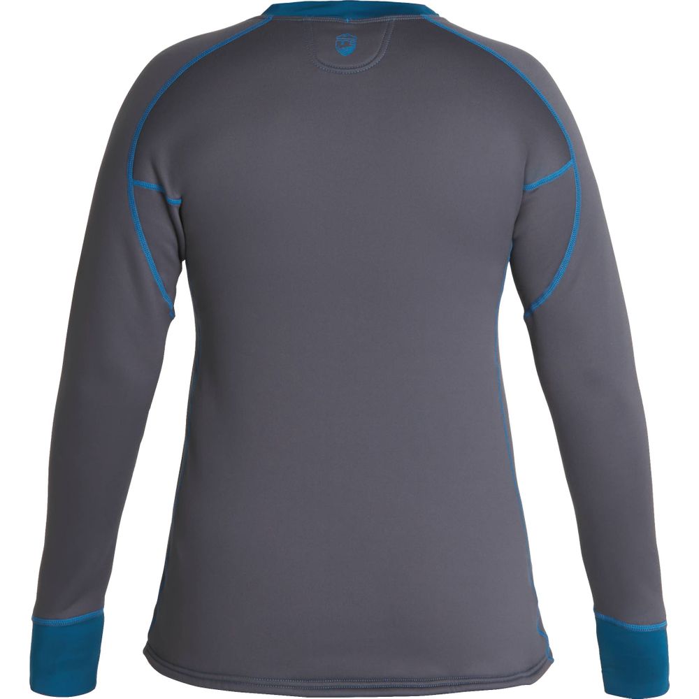The NRS Expedition Fleece - Women's features a gray long-sleeve design made from recycled material with blue stitching, shown from the back.
