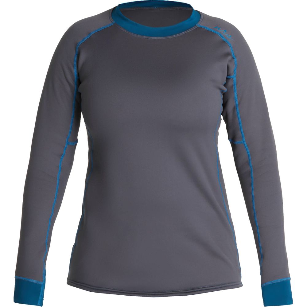 The NRS Expedition Fleece - Women's is a gray long-sleeve shirt made from recycled material, boasting blue stitching, a blue crew neck, and UPF 50+ protection.