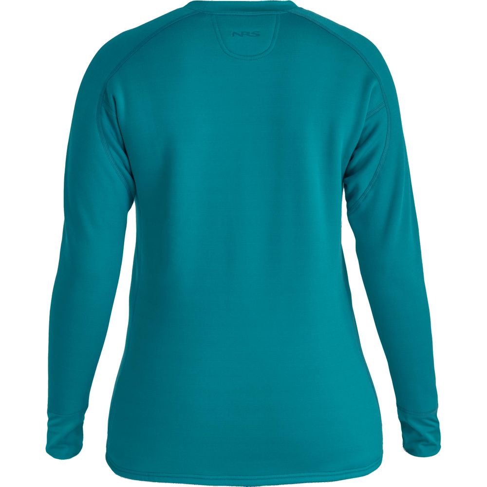 Back view of the NRS Expedition Fleece for women in teal, featuring a high neckline, crafted from recycled material with UPF 50+ protection, shown on a white background.
