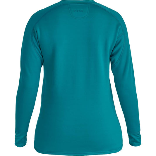 A long-sleeve teal NRS Expedition Weight Shirt - Women's shown from the back, featuring a crew neckline and raglan sleeves for warmth and comfort.