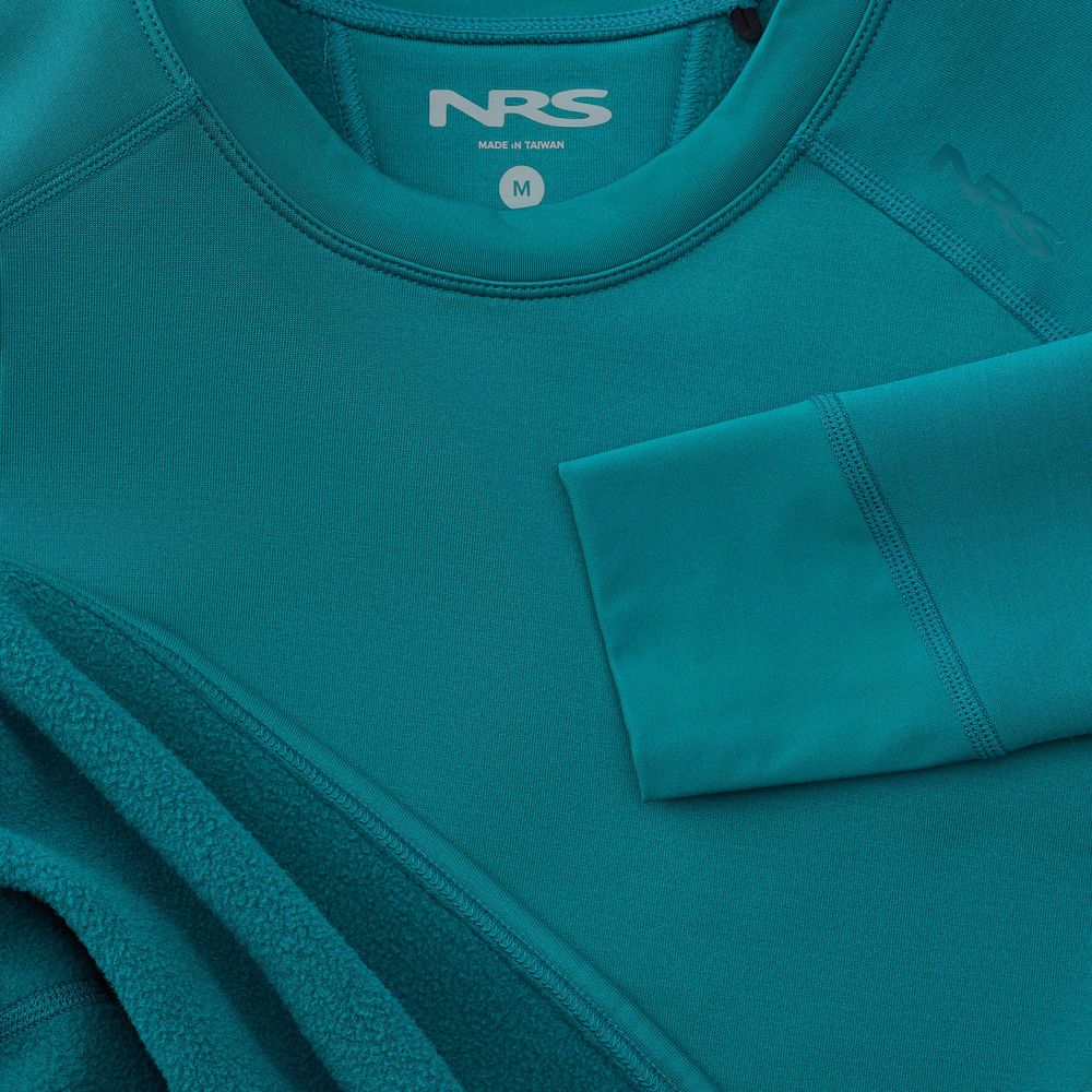 The NRS Expedition Fleece for women, in teal, is crafted from recycled material and features visible stitched details on long sleeves for style and UPF 50+ protection.