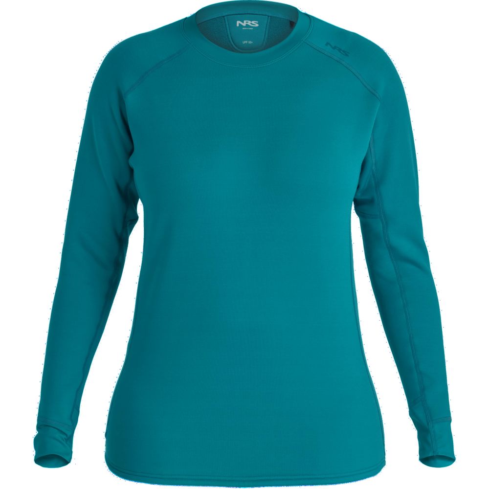 Explore the NRS Expedition Fleece - Women's in stylish teal, featuring recycled materials and UPF 50+ for superior sun protection. Designed against a plain backdrop, this long-sleeve shirt is ideal for any adventure.