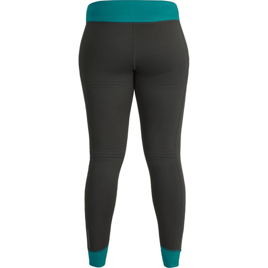 Back view of NRS Expedition Weight Pants - Women's in dark green, featuring a high-rise waist, teal waistband, and ankle cuffs.