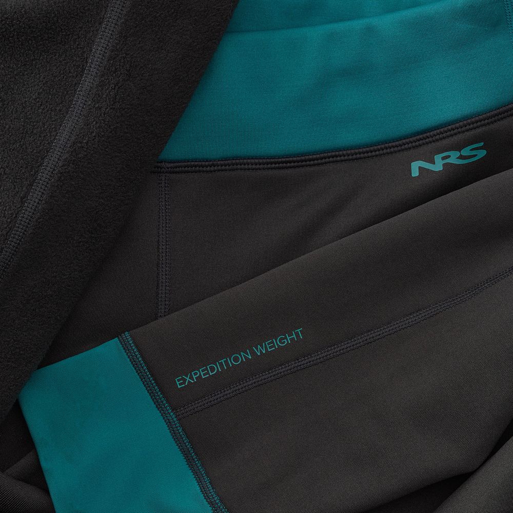 A close-up of black and teal fabric displays "NRS" and "EXPEDITION WEIGHT," highlighting the rugged comfort of Expedition Weight Pants - Women's by NRS.
