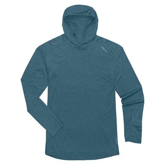 The NRS Silkweight Hoodie - Men's is a long-sleeve, teal hoodie with a relaxed fit, crafted from lightweight, moisture-wicking fabric for sun protection, shown on a white background.