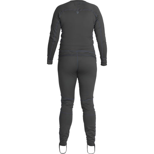 A female paddler is shown from behind wearing the NRS Expedition Weight Union Suit - Women's, a gray full-body thermal suit made from recycled materials, featuring foot straps for comfort and efficiency.