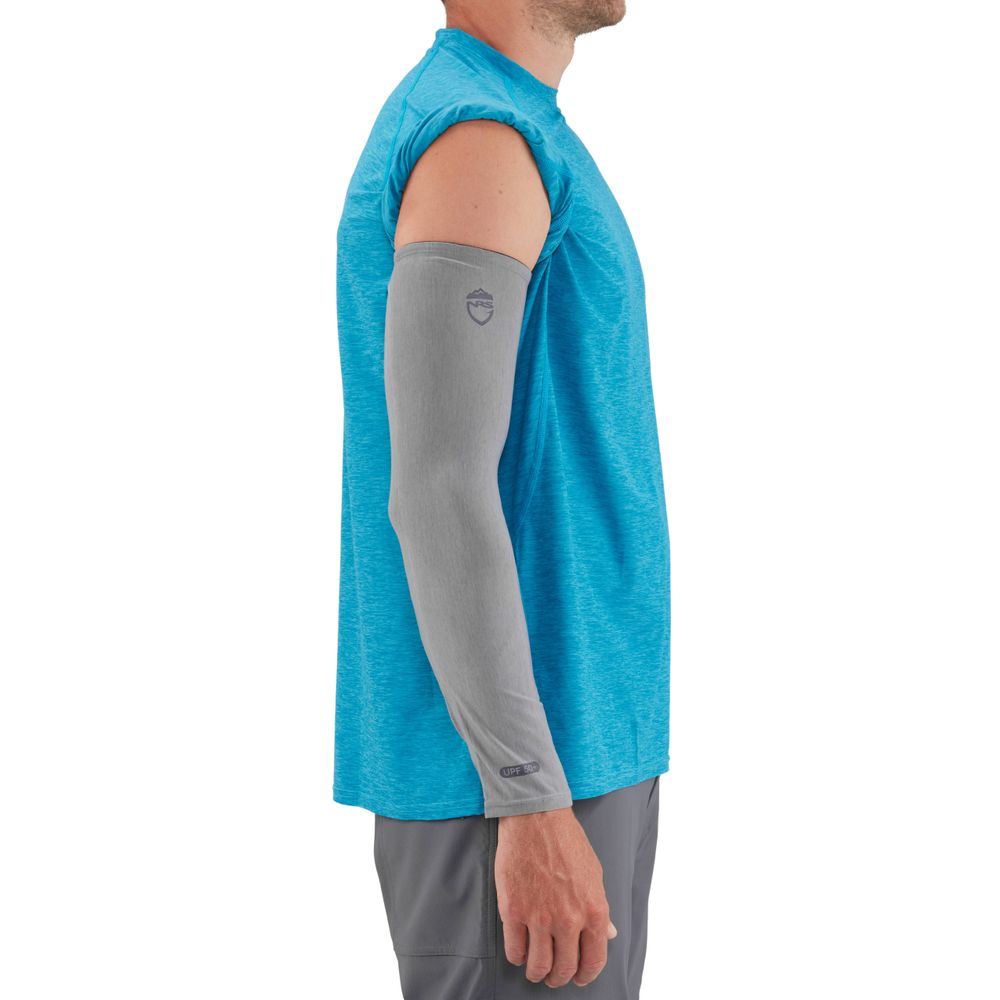 A person wearing a blue sleeveless shirt and gray NRS H2Ozone Sun Sleeves crafted from lightweight material stands sideways, enjoying excellent sun protection.