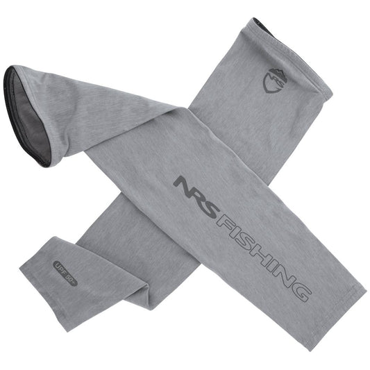 NRS H2Ozone Sun Sleeves are gray, lightweight sleeves with "NRS Fishing" text and a bold fish logo, offering UPF 50+ sun protection for comfort and defense against harmful rays.