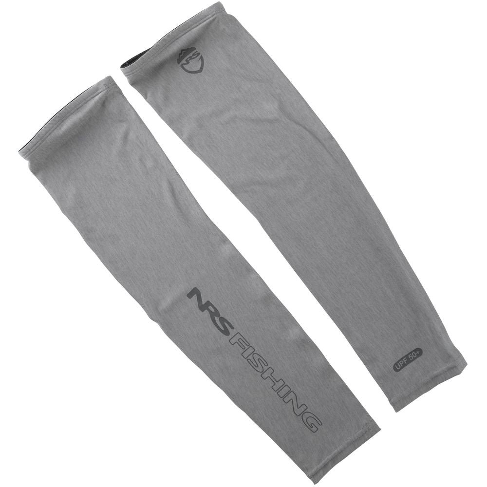 Two NRS grey H2Ozone Sun Sleeves featuring black text and logo made from lightweight fabric. One sleeve displays "NRS FISHING" and "UPF 50+", offering excellent sun protection, ideal for outdoor adventures.