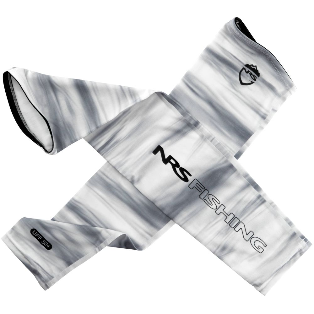 The NRS H2Ozone Sun Sleeve in gray and white showcases a marbled pattern, offering excellent sun protection with lightweight fabric and featuring the "NRS Fishing" logo.
