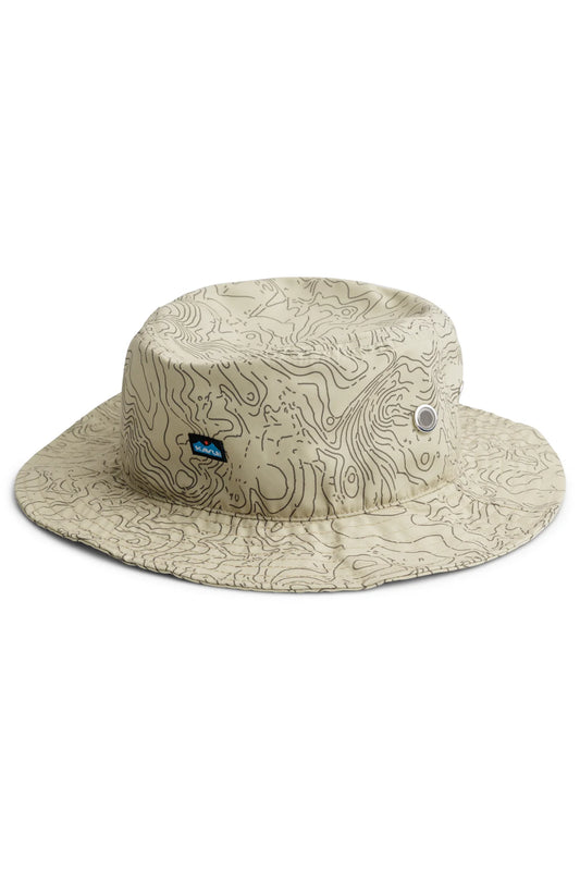 The Kavu BFE Bucket Hat features a beige topographic map pattern, metal eyelets, and a small blue and black logo patch on the side—perfect for water sports and sun protection.