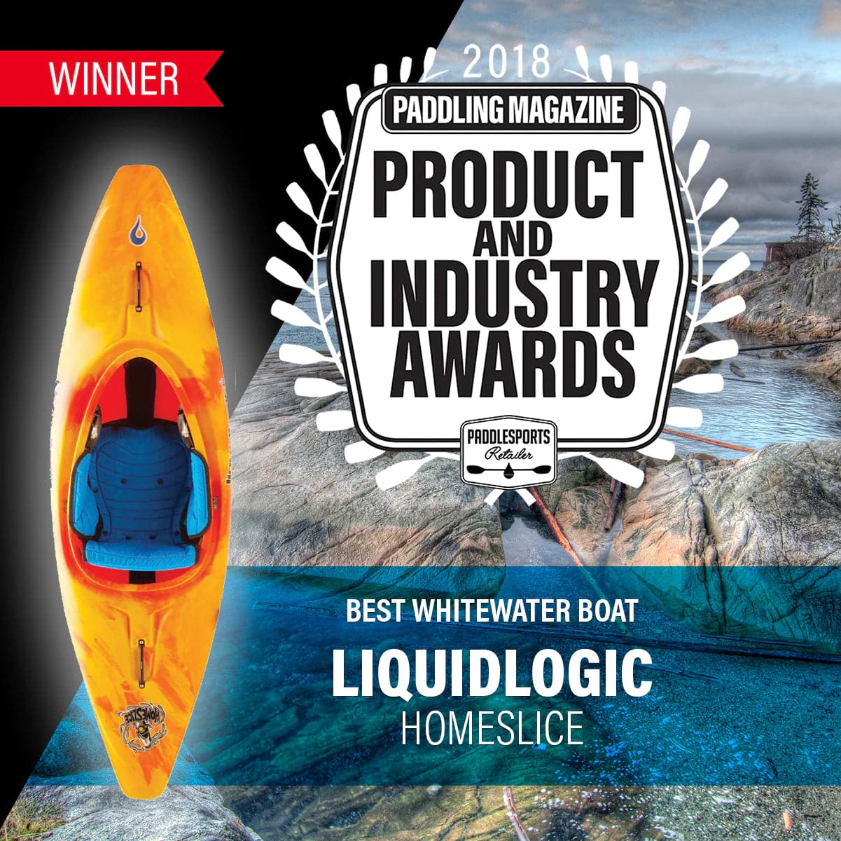 Featuring the Homeslice freestyle kayak, play boat manufactured by LiquidLogic shown here from a third angle.