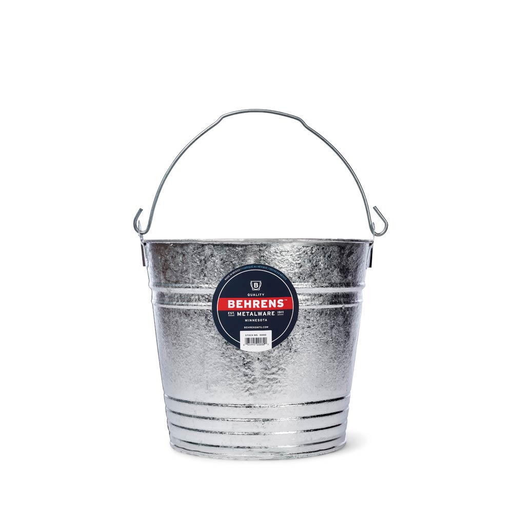 The Behrens 3.5 Gallon Dish Pail is a galvanized, plastic-free steel pail with a handle and a Behrens label on the front.