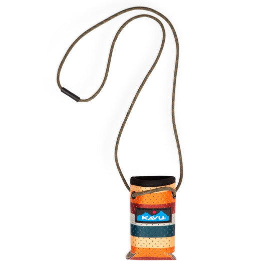 The Kavu Hands Free Kavu Koozie is a small, rectangular pouch with a multicolored pattern and long brown cord strap—ideal as a paddling accessory or beverage sleeve—shown against a white background.