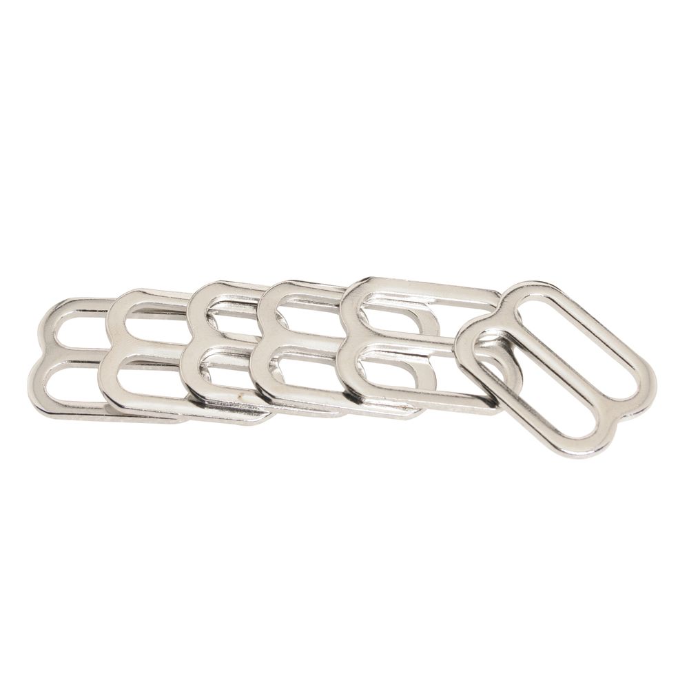 The NRS Strap Slide Pack of 6, in silver and featuring three-bar designs, is displayed in a staggered arrangement on a white background.