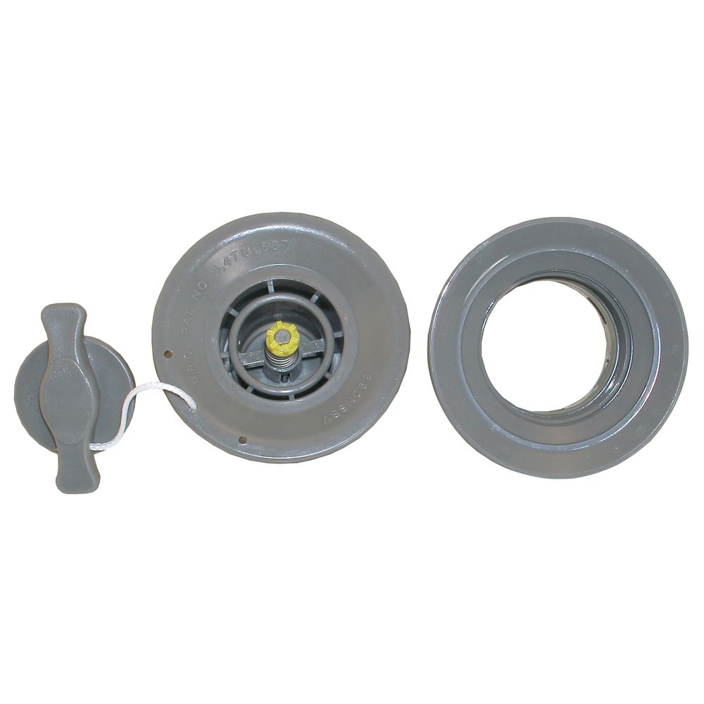 Two gray plastic drain plugs, one with a pull handle and another without, are perfect for upgrading or maintaining NRS Halkey-Roberts Short Valve systems as replacement valves for rafts.