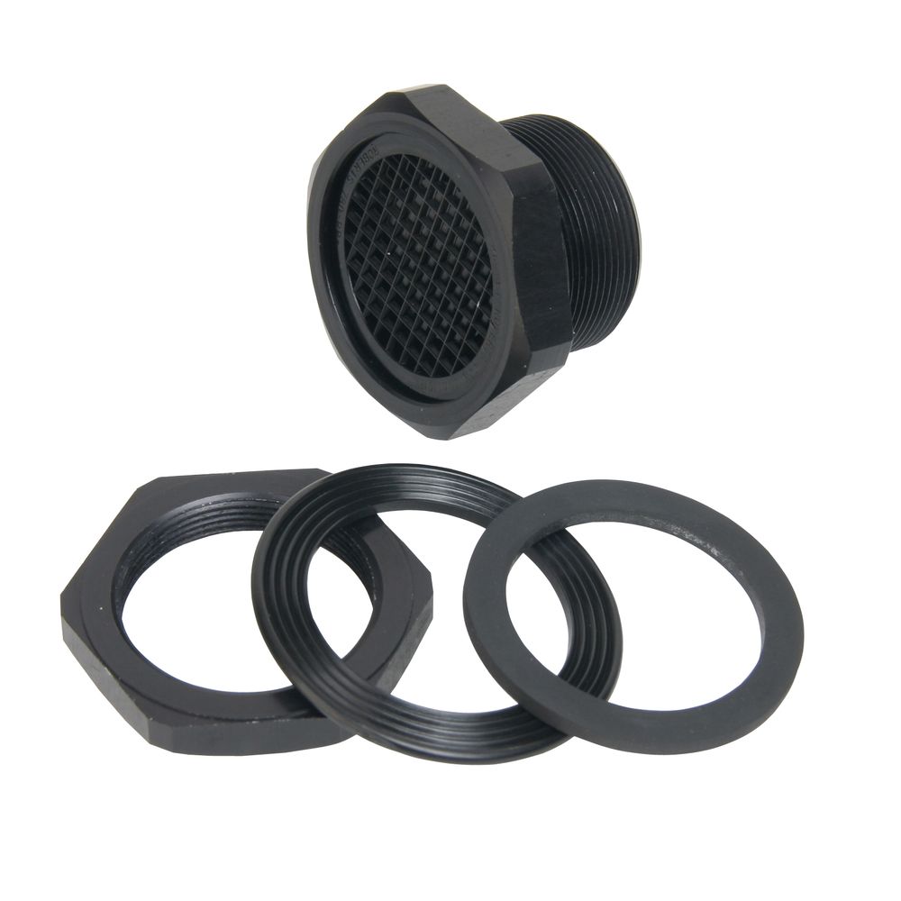 The NRS Halkey-Roberts Pressure Relief Valve, a black plastic threaded mesh cover for inflatables, includes three ring gaskets. Ideal for self-bailing raft floors, it is showcased against a white background.