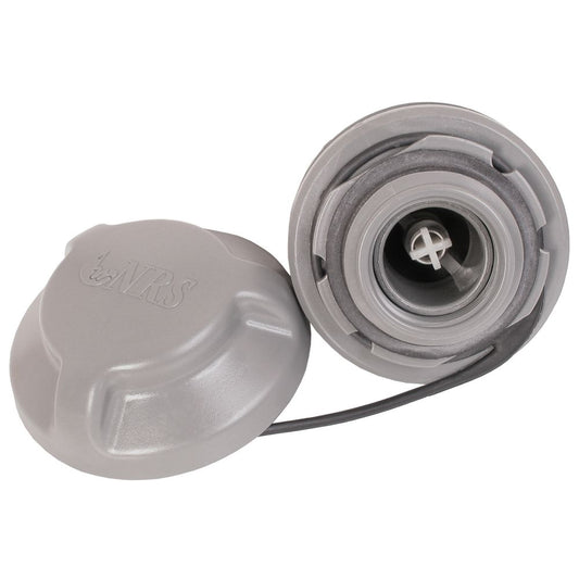 The NRS Leafield B7 Valve features a secure two-part gray cap with a tether, compatible with Leafield Raft Valve systems. Removing one part reveals internal details.